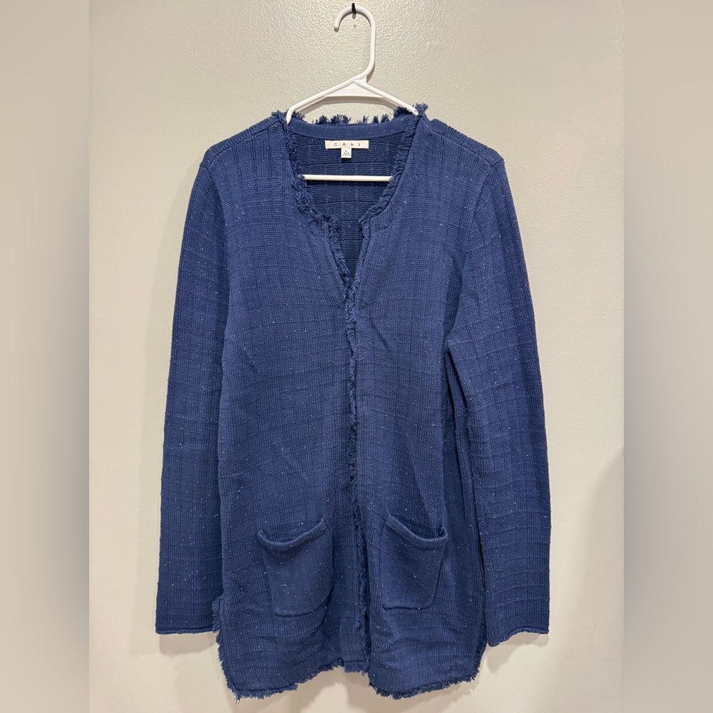 Cabi Duchess Navy Speckled Fringe Cardigan Size Large
